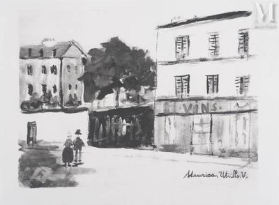 drawing of a man walking down a street in front of a building