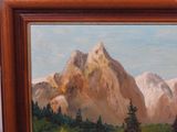 a painting of a mountain scene with trees in the foreground