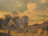 painting of a village scene with figures in the foreground and a village in the background
