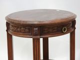 a wooden table with a marble top on a white background