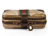an image of a brown and green bag with a tag on it