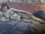a painting of a nude woman laying on a bed