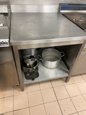 a stainless steel counter with pots and pans on it