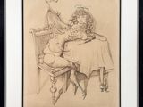 drawing of a woman sitting at a table with a cat in her lap