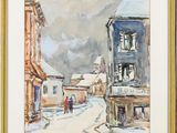 painting of a street scene with a couple walking down the street
