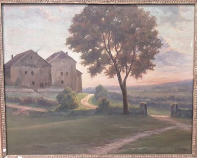 une peinture à l'huile représentant une scène de campagne avec un arbre au premier plan