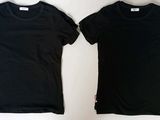 two black t - shirts on a white background, one black and one white