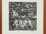 un dessin en noir et blanc représentant un groupe de personnes dans une forêt