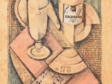 peinture représentant une nature morte avec une bouteille de vin et une assiette de nourriture