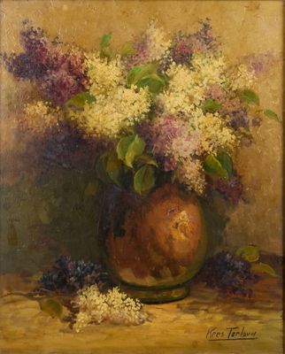 painting of a vase of lilas and a pomegranate on a table