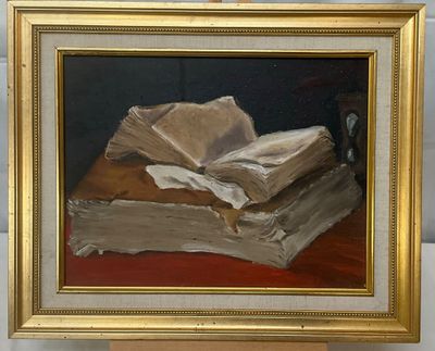 a picture of a painting of a book on a table
