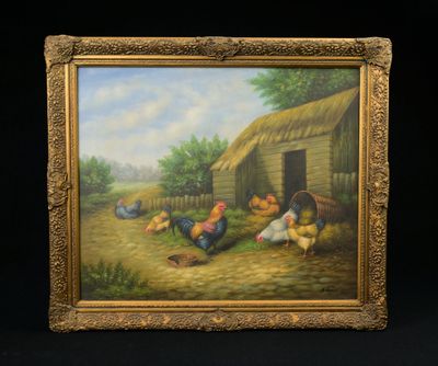tableau représentant une scène de ferme avec des poules, des poulets et une cabane