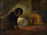 painting of a black and white dog sitting on a red rug next to a white dog