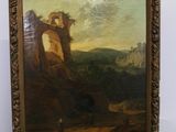 an oil painting of a landscape with a castle in the background