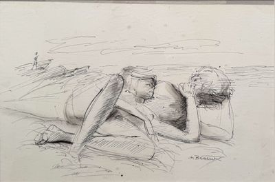 dessin représentant une femme allongée sur une plage, un ballon à la main