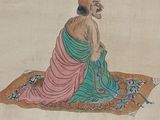 painting of a man sitting on a rug with a dog in his lap