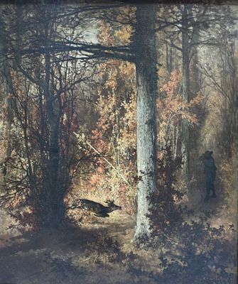 a picture of a painting of a man walking in the woods