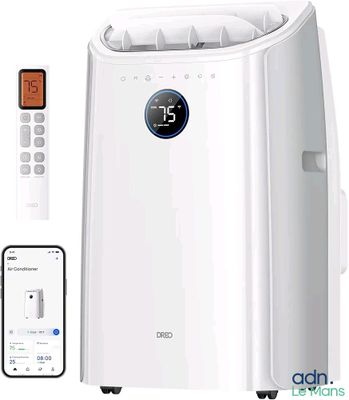 an image of a white air conditioner with a remote control