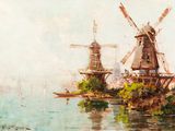 un tableau représentant trois moulins à vent au bord d'un plan d'eau