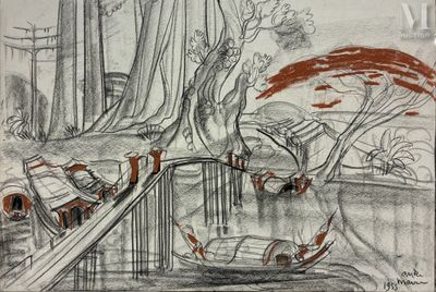 dessin au crayon représentant un bocal rempli d'eau et de plantes