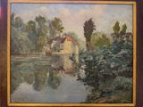 an oil painting of a river scene with a boat in the water