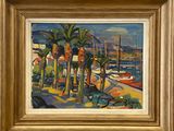 an oil painting of a beach scene with boats and palm trees