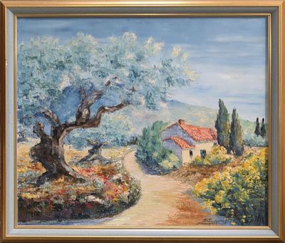 an oil painting of a path leading to a house with a tree in the foreground