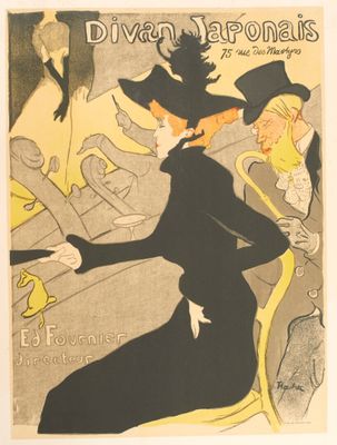 une image d'une affiche vintage représentant une femme en robe noire