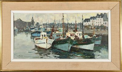 a painting of boats in a harbor with buildings in the background