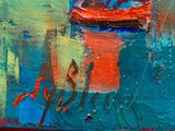 abstract painting of a boat on a body of water with a sky in the background