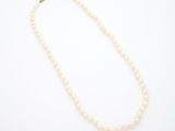 un collier de perles blanches muni d'un fermoir en or, posé sur un fond blanc