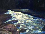 une peinture représentant une rivière avec des rochers et des arbres en arrière-plan