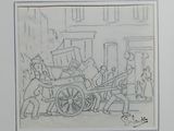 drawing of a man pushing a cart with a horse drawn by a man