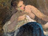 an oil painting of a woman breasting a baby on a couch