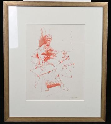painting of a woman in a red dress sitting on a chair