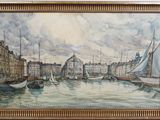 une image d'une peinture de bateaux dans un port avec des bâtiments en arrière-plan