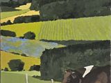 a painting of a cow standing in a field