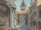 une peinture représentant une rue avec une tour horloge en arrière-plan