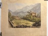 une photo d'un tableau représentant une maison à la montagne