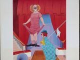 painting of a woman in a red dress and a clown in a blue suit