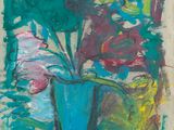 une image d'une peinture de fleurs dans un vase sur une table