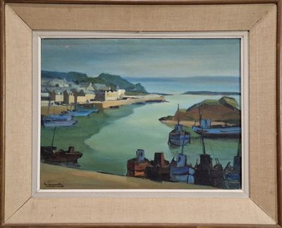 a painting of a harbor scene with boats in the water