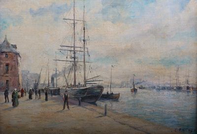 une peinture représentant une scène portuaire avec des bateaux et des gens