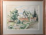 aquarelle encadrée représentant une scène de campagne avec une maison et des arbres