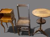 three chairs, a table and a chair on a gray background
