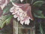 a painting of pink flowers in a glass vase on a table