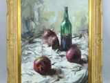 painting of a still life of apples and a bottle on a table