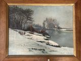 une peinture à l'huile représentant un paysage enneigé avec une rivière au premier plan