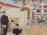 un tableau représentant un groupe d'hommes jouant au baseball