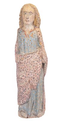 a statue of a woman holding a blanket on a white background